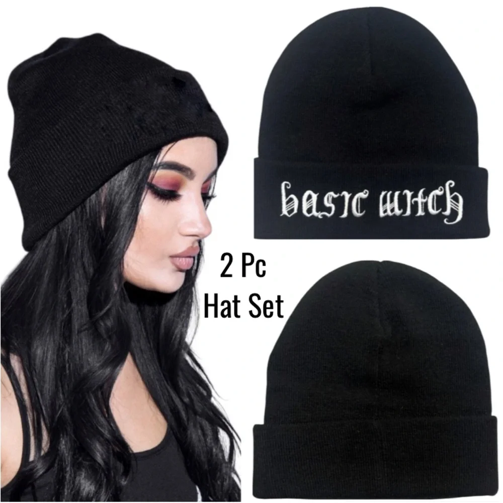 Knit Beanie Hat Basic Witch Graphic Knit Hat Bundle Black Sweater Beanie Hat Set